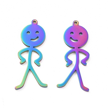Ion Plating(IP) 304 Stainless Steel Pendants, Human Charm, Rainbow Color, 37x16x1.5mm, Hole: 1.4mm