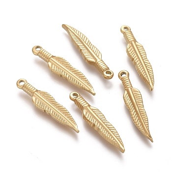 Ion Plating(IP) 304 Stainless Steel Pendants, Feather, Golden, 28.5x6x3mm, Hole: 1.6mm