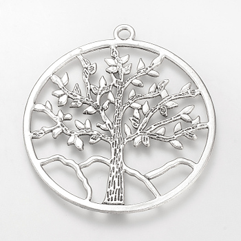 Tibetan Style Alloy Pendants, Cadmium Free & Lead Free, Ring with Tree of Life, Big Pendants, Antique Silver, 61x56.5x1.5mm, Hole: 3mm