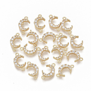 Brass Micro Pave Cubic Zirconia Links/Connectors, Nickel Free, Moon, Clear, Real 18K Gold Plated, 13~14x7x2.5mm, Hole: 1mm