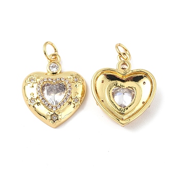Brass Micro Pave Clear Cubic Zirconia Pendants, with Jump Ring and Glass, Heart Charm, Real 18K Gold Plated, 18.5x13x4mm, Hole: 3.5mm