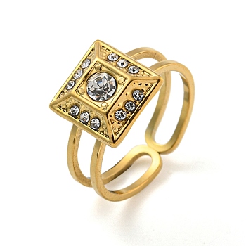 304 Stainless Steel Rhinestone Square Finger Rings for Women Men, Real 18K Gold Plated, US Size 6(16.5mm)
