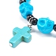 Natural Mashan Jade Skull Beaded Stretch Bracelet with Synthetic Turquoise(Dyed) Cross Charm(BJEW-JB08378-04)-4