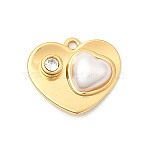304 Stainless Steel Rhinestone Pendants, Heart Charms, with ABS Imitation Pearl Beads, Ion Plating(IP), Real 18K Gold Plated, 18.5x21x5mm, Hole: 1.6mm(STAS-P431-12G)