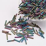 Glass Bugle Beads, Iris, Colorful, 9x2mm, Hole: 0.5mm, about 7000pcs/bag(SEED-E001-9mm-409#)