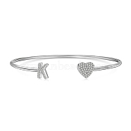 Heart & Letter Rhodium Plated 925 Sterling Silver Micro Pave Cubic Zirconia Cuff Bangles for Women, Letter K, 0.2~0.8cm, Inner Diameter: 1-7/8x2-1/4 inch(4.85x5.65cm) (BJEW-C062-01K-P)
