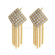 Clear Cubic Zirconia Rhombus Stud Earrings, Rack Plating Brass Chains Tassel Earrings, Long-Lasting Plated, Cadmium Free & Lead Free, Real 18K Gold Plated, 37x17.5mm(EJEW-P240-01G)
