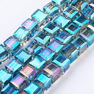 Electorplated Glass Beads, Rainbow Plated, Faceted, Cube, Medium Turquoise, 7x7x7mm, Hole: 1mm(EGLA-E006-1J)