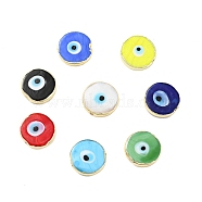 Rack Plating Handmade Evil Eye Lampwork Beads, with Brass Findings, Long-Lasting Plated, Flat Round, Mixed Color, 17.5~18x4.5~5mm, Hole: 1~1.2mm(KK-F838-02-G)