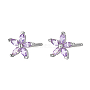 Cubic Zirconia Flower Stud Earrings, Silver 925 Sterling Silver Post Earrings, Lilac, 7.2mm(FY1254-12)