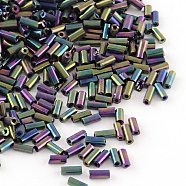 Plated Glass Bugle Beads, Iris, Purple Plated, 4~4.5x2mm, Hole: 1mm, about 450g/bag, 14000pcs/bag(SEED-R011-703)