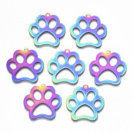Ion Plating(IP) 201 Stainless Steel Pet Pendants, Etched Metal Embellishments, Cat Footprint, Rainbow Color, 26x26.5x0.3mm, Hole: 1.8mm(STAS-R114-017)
