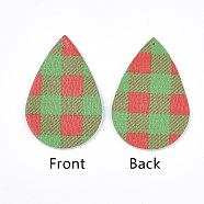 PU Leather Big Pendants, teardrop, with Check Pattern, Green, 56x37x1.5mm, Hole: 1.2mm(FIND-S311-005E)
