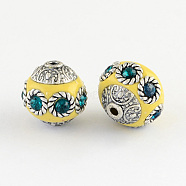 Round Handmade Indonesia Beads, with Rhinestones and Alloy Cores, Antique Silver, Yellow, 14~15x15mm, Hole: 1.5mm(IPDL-R396-04)