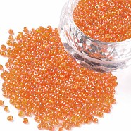 12/0 Grade A Round Glass Seed Beads, Transparent Colours Rainbow, Dark Orange, 12/0, 2x1.5mm, Hole: 0.9mm, about 3333pcs/50g(X-SEED-Q010-F536)