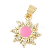 Brass Micro Pave Cubic Zirconia Pendants, with Enamel, Sun Charms, Lead Free & Cadmium Free, Long-Lasting Plated, Rack Plating, Flamingo, 17x14.5x2.5mm, Hole: 5x3mm(KK-Q028-29G-01)