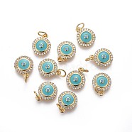 Brass Charms, with Enamel and Micro Pave Cubic Zirconia, Long-Lasting Plated, Flat Round, Turquoise, Real 18K Gold Plated, 12.5x10x2.5mm, Hole: 3mm(KK-F783-11G)