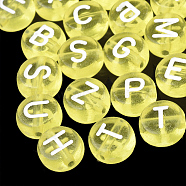 Transparent Acrylic Beads, Horizontal Hole, Mixed Letters, Flat Round, Yellow, 7x4mm, Hole: 1.5mm, about 370pcs/50g(X-TACR-N002-04L)