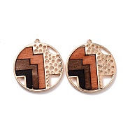 Alloy Pendants, with Dyed Wood, Flat Round with Geometric Pattern, Light Gold, 38x35x2.5mm, Hole: 1.8mm(FIND-A006-02KCG)