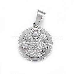 304 Stainless Steel Pendants, Flat Round with Angel, Stainless Steel Color, 28.5x25x3mm, Hole: 11x6mm(STAS-P211-23P)