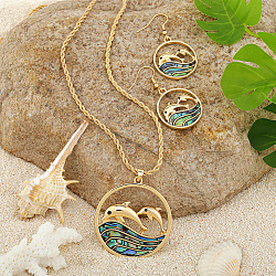 Alloy & Natural Abalone/Paua Shell Pendant Necklaces & Dangle Earrings Sets, Golden, Dolphin, 46mm(WGD5CF5-09)