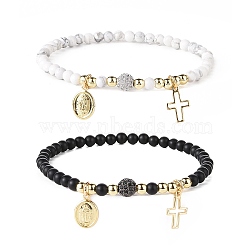 Natural Howlite & Black Agate(Dyed) Beaded Bracelets Sets, Brass Religion Virgin Mary & Cross Charm Bracelet for Women Men, Golden, Inner Diameter: 2-1/4 inch(5.7cm), 2pcs/set(BJEW-JB09045)