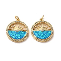 Brass Micro Pave Cubic Zirconia with Synthetic Opal Pendants, with Jump Ring, Flat Round with Sunrise, Real 18K Gold Plated, 22x19x2.5mm(KK-D096-16G)