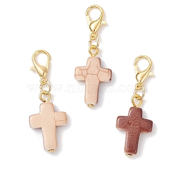 Spray Painted Synthetic Turquoise Pendant Decorations, Cross, with Alloy Lobster Claw Clasps, Golden, 33~34mm(HJEW-JM03932-02-S)