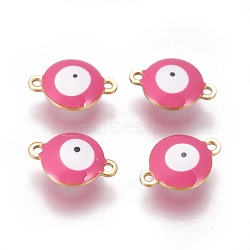 Ion Plating(IP) 304 Stainless Steel Enamel Links connectors, Flat Round with Evil Eye, Golden, Hot Pink, 14.5x10x4.5mm, Hole: 1.4mm(STAS-F206-02G-C07)