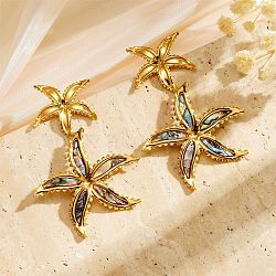 304 Stainless Steel & Shell Stud Earrings for Women, Golden, Starfish, 67x40mm(EJEW-Z065-02G-01)