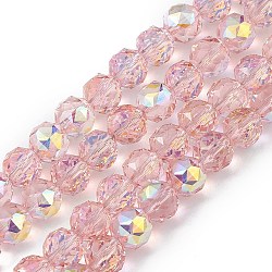 Transparent Electroplate Glass Beads Strands, Faceted, Round, AB Color Plated, Pink, 9~10x9~9.5mm, Hole: 1.4mm, about 54~60pcs/strand, 18.90~21.65 inch(48~55cm)(EGLA-F154-AB05)