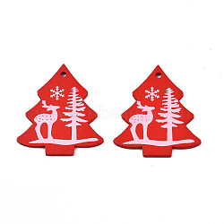Christmas Theme Spray Painted Wood Pendants, Single-Sided Printed, Christmas Tree with Reindeer/Stag, Red, 49x43x2.5mm, Hole: 2mm(WOOD-N005-53B)