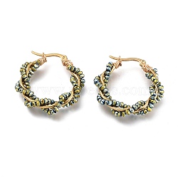 304 Stainless Steel Hoop Earrings, Beaded Hoop Earrings, with Faceted Rondelle Glass Beads, Twisted Ring, Golden, Golden, 29.5x30x5.5mm, Pin: 0.7x1mm(EJEW-M196-C01-G)