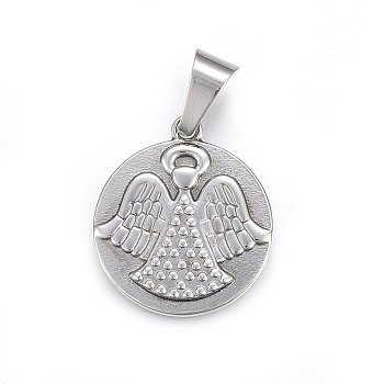 304 Stainless Steel Pendants, Flat Round with Angel, Stainless Steel Color, 28.5x25x3mm, Hole: 11x6mm