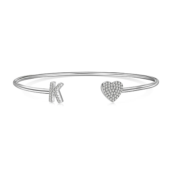 Heart & Letter Rhodium Plated 925 Sterling Silver Micro Pave Cubic Zirconia Cuff Bangles for Women, Letter K, 0.2~0.8cm, Inner Diameter: 1-7/8x2-1/4 inch(4.85x5.65cm) 