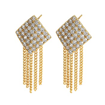 Clear Cubic Zirconia Rhombus Stud Earrings, Rack Plating Brass Chains Tassel Earrings, Long-Lasting Plated, Cadmium Free & Lead Free, Real 18K Gold Plated, 37x17.5mm