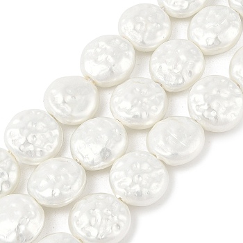 Electroplated Shell Pearl Beads Strands, Flat Round, White, 14.5~16x7.5~8mm, Hole: 1.2mm, about 27pcs/strand, 15.87''~15.94''(40.3~40.5cm)