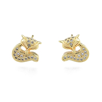 Clear Cubic Zirconia Fox Stud Earrings, Brass Jewelry for Women, Nickel Free, Real 18K Gold Plated, 10x10mm, Pin: 0.6mm