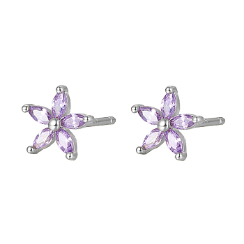 Cubic Zirconia Flower Stud Earrings, Silver 925 Sterling Silver Post Earrings, Lilac, 7.2mm