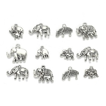 Tibetan Style Alloy Pendants, Elephant, Antique Silver, 11~64.5x11~50x2~9mm, Hole: 2~7x10mm