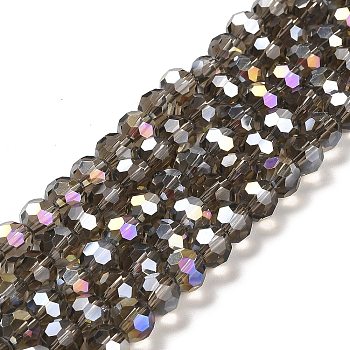 Transparent Glass Beads, 32 Facets, AB Color Plated, Round, Dark Khaki, 8x7~7.5mm, Hole: 1.5mm, about 66pcs/strand, 18.82''~19.06''(47.8~48.4cm)