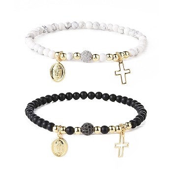 Natural Howlite & Black Agate(Dyed) Beaded Bracelets Sets, Brass Religion Virgin Mary & Cross Charm Bracelet for Women Men, Golden, Inner Diameter: 2-1/4 inch(5.7cm), 2pcs/set