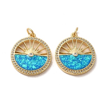 Brass Micro Pave Cubic Zirconia with Synthetic Opal Pendants, with Jump Ring, Flat Round with Sunrise, Real 18K Gold Plated, 22x19x2.5mm