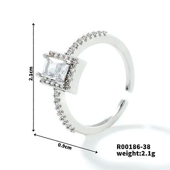 Fashionable Unisex Brass Micro Pave Clear Cubic Zirconia Open Cuff Rings, Platinum, Inner Diameter: 21mm