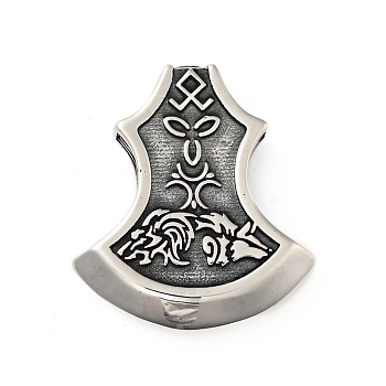 304 Stainless Steel Nordic Viking Ax Pendants, Odin Wolf Fenrir, Antique Silver, 43x38.5x8mm, Hole: 9.5x4.5mm