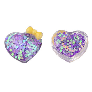 Transparent Epoxy Resin Cabochons, with Paillettes, Heart with Bowknot, Blue Violet, 16x18x9mm