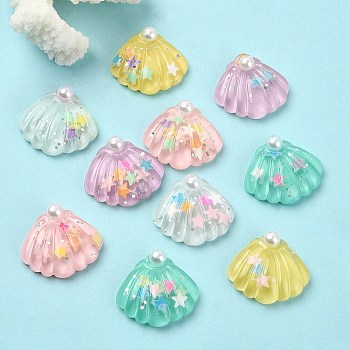 10Pcs 5 Colors Ocean Theme Translucent Resin Cabochons, with Glitter Powder, Shell Shape, Mixed Color, 25x28x7mm, 2pcs/color