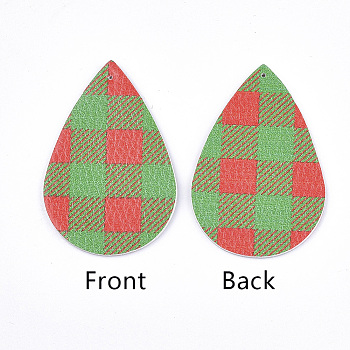 PU Leather Big Pendants, teardrop, with Check Pattern, Green, 56x37x1.5mm, Hole: 1.2mm