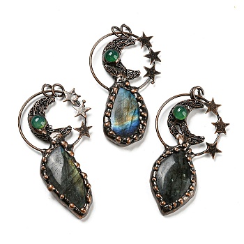 Natural Labradorite and Jiu Ge Big Pendants, with Tin Findings, Lead & Nickel & Cadmium Free, Moon & Star & Nuggets, Red Copper, 81.5x50x8mm