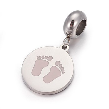 304 Stainless Steel European Dangle Charms, with Enamel, Large Hole Pendants, Flat Round with Baby Feet, Stainless Steel Color, Pink, 25mm, Hole: 4.5mm, Pendant: 16x14x1.3mm